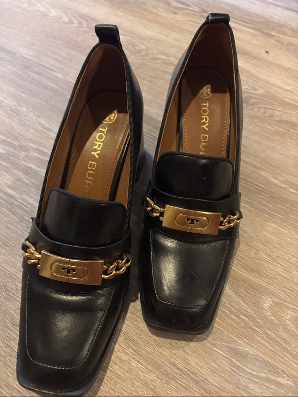 Tory Burch Black Leather Chain-Link Loafers with Gold Plaque